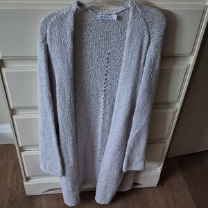 Gray Long Open-Front Cardigan with Shawl Collar